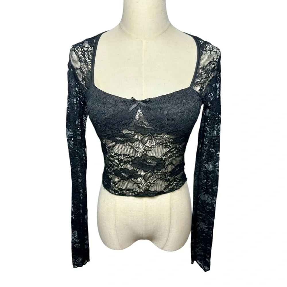 Unbranded Y2K Babydoll Black Lace Sheer Top Dark‎ Coquette Grunge